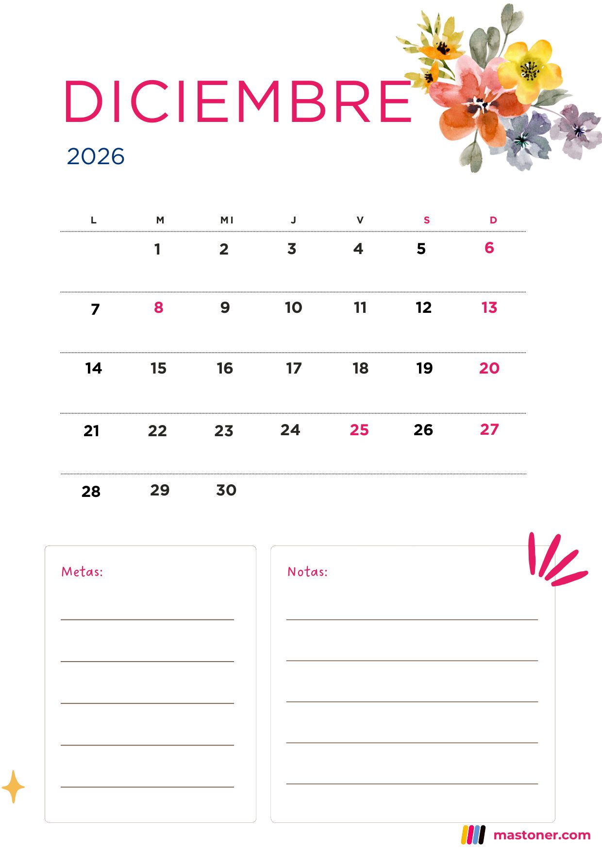 Calendario Diciembre 2026 para Imprimir