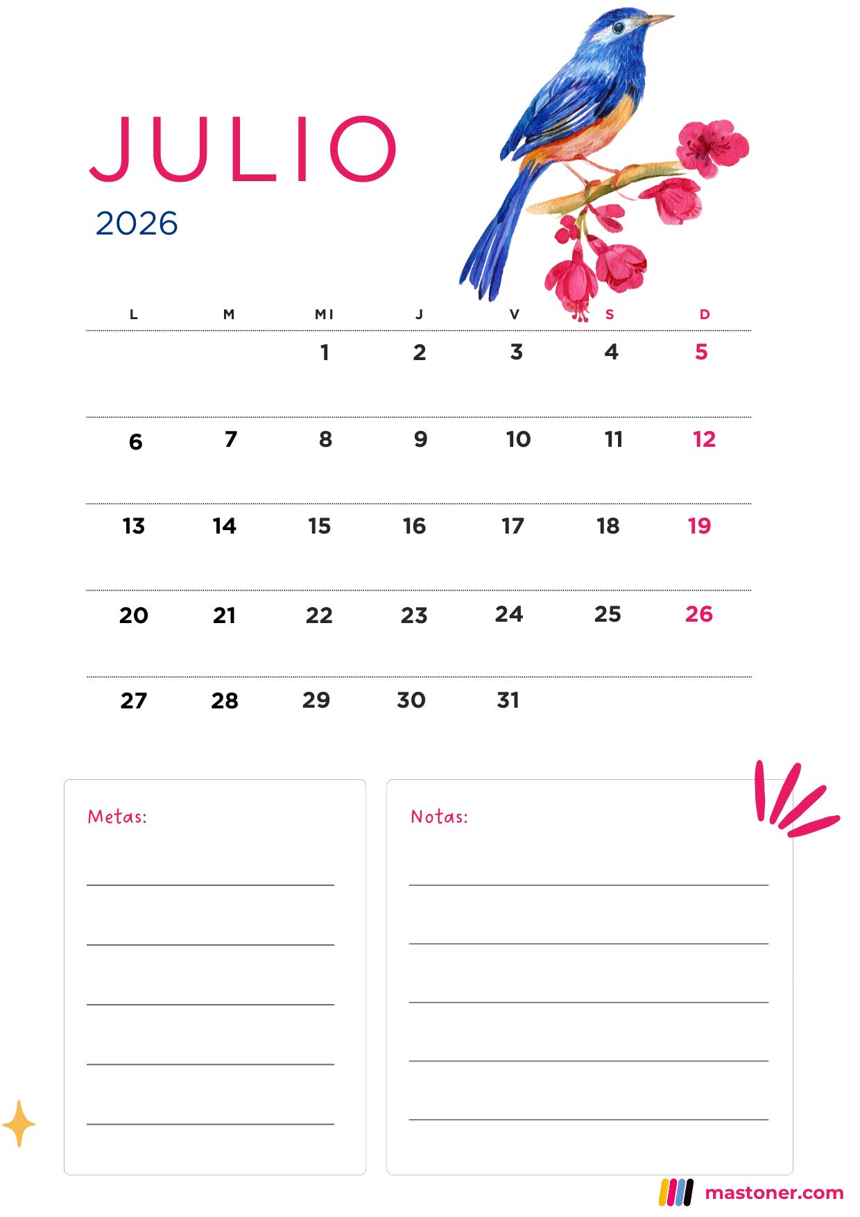 Calendario Julio 2026 para Imprimir