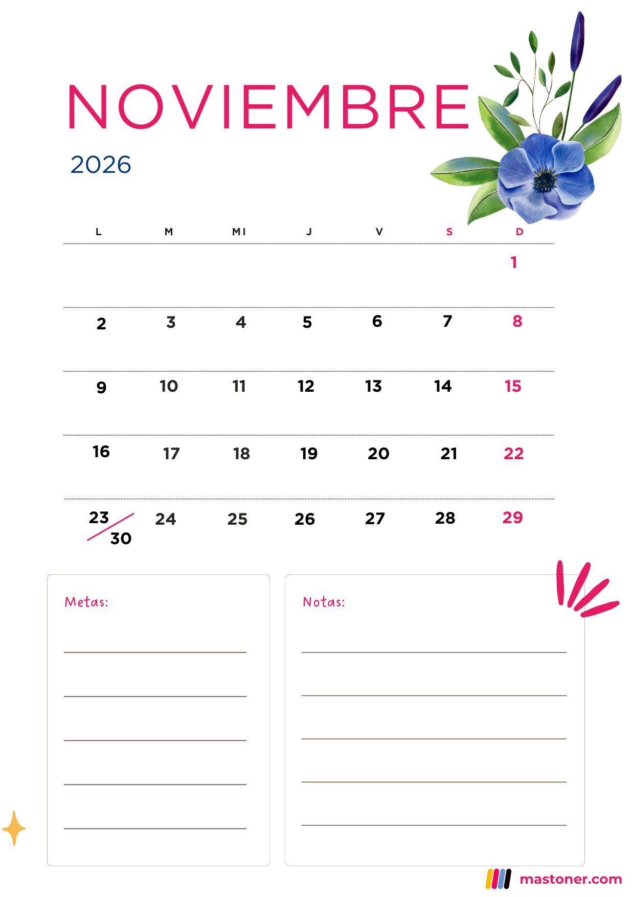 Calendario Noviembre 2026 para Imprimir